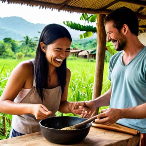 A vibrant and heartwarming scene depicting a digital nomad deeply woven into a local community. Show a genuine interaction during a language exchange with a local, shared laughter while cooking traditional food in a rustic kitchen, and a collaborative effort during a community volunteering activity (e.g., planting trees or helping at an animal shelter). Emphasize authentic human connection, shared experiences, and cultural exchange, with warm, natural lighting and diverse, smiling faces.