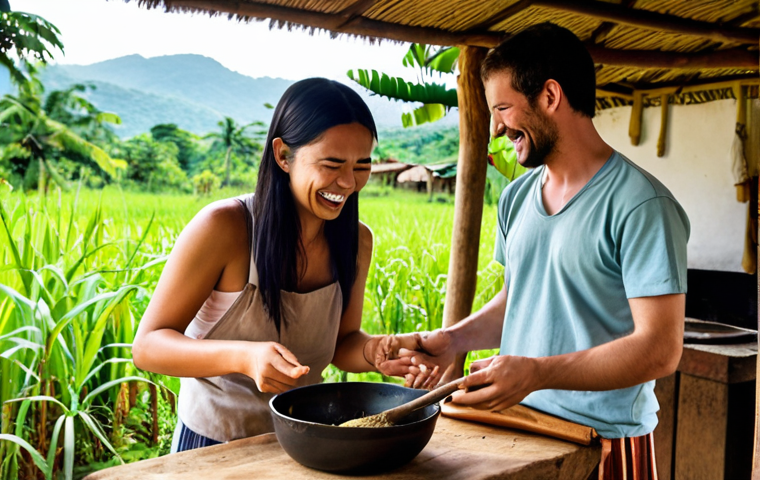 A vibrant and heartwarming scene depicting a digital nomad deeply woven into a local community. Show a genuine interaction during a language exchange with a local, shared laughter while cooking traditional food in a rustic kitchen, and a collaborative effort during a community volunteering activity (e.g., planting trees or helping at an animal shelter). Emphasize authentic human connection, shared experiences, and cultural exchange, with warm, natural lighting and diverse, smiling faces.