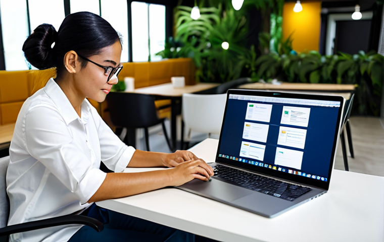 Tech Proficiency**

"A digital nomad, fully clothed, in appropriate attire, working at a modern laptop in a vibrant co-working space in Bali. She's participating in a virtual meeting, surrounded by other focused individuals. The scene emphasizes technology and collaboration. Safe for work, professional setting, perfect anatomy, natural proportions, high-quality rendering, well-formed hands. Focus on the screen displaying project management software. The image should evoke a sense of productivity and tech-savviness, modest."

**