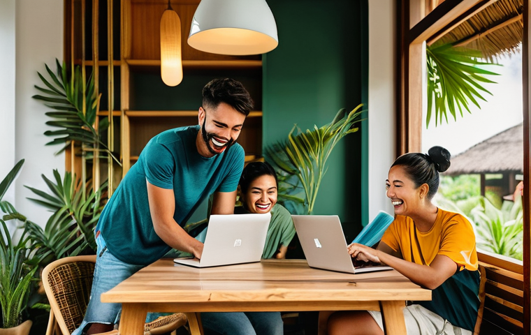 디지털 노마드의 연령대별 특성 분석 - **Prompt for Young & Restless (20s):**
    A vibrant, sunlit co-living space common area in Bali, In...