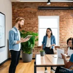 디지털 노마드의 글로벌 네트워크 확장 - **Prompt:** A diverse group of young adult digital nomads, all casually and appropriately dressed in...