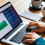 디지털 노마드의 장기 여행 시 고려사항 - **Mobile Finance Maestro at a Sunny Cafe:**
    An overhead shot capturing a digital nomad, a person...