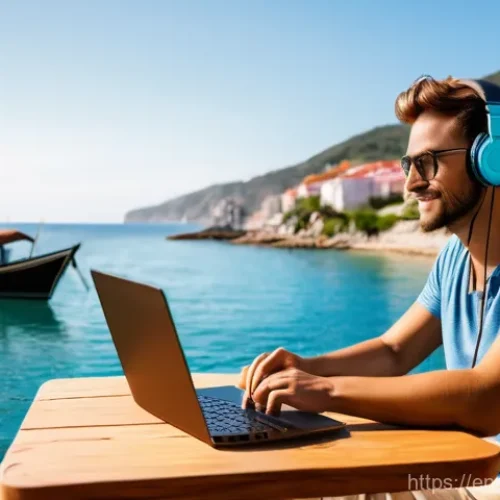 디지털 노마드의 해외 진출 전략 - A vibrant, wide-angle shot of a young adult (male or female, ethnicity ambiguous) digital nomad work...