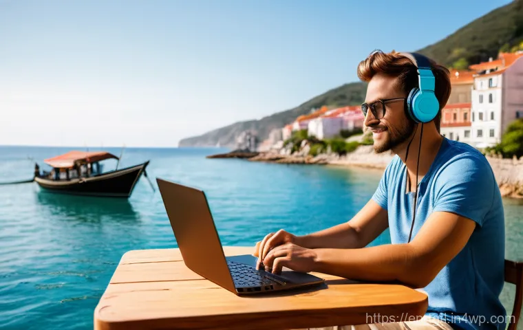 디지털 노마드의 해외 진출 전략 - A vibrant, wide-angle shot of a young adult (male or female, ethnicity ambiguous) digital nomad work...