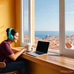 디지털 노마드로의 전환 방법 - **Prompt 1: Productive Oasis in a Coastal City**
    A wide shot of a diverse, casually yet professi...