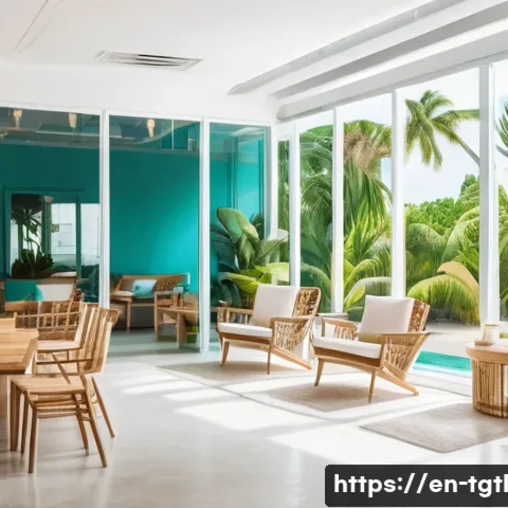 아시아에서 인기 있는 디지털 노마드 도시 - A bright and airy tropical coworking space bathed in natural sunlight, featuring wooden desks, ergon...