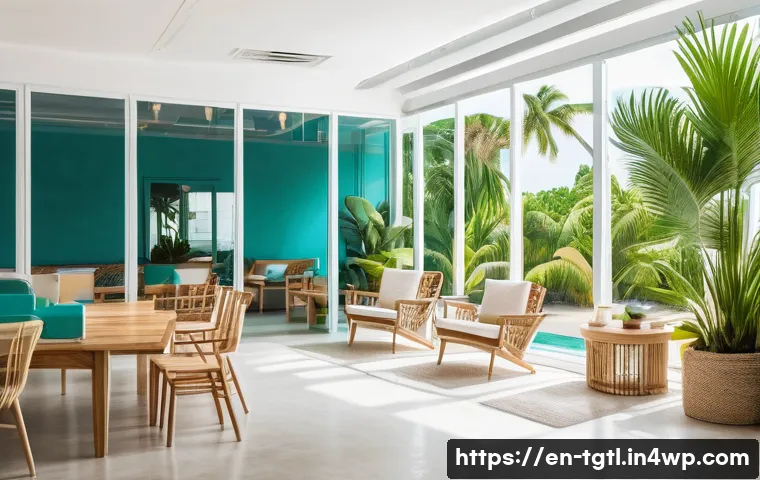 아시아에서 인기 있는 디지털 노마드 도시 - A bright and airy tropical coworking space bathed in natural sunlight, featuring wooden desks, ergon...