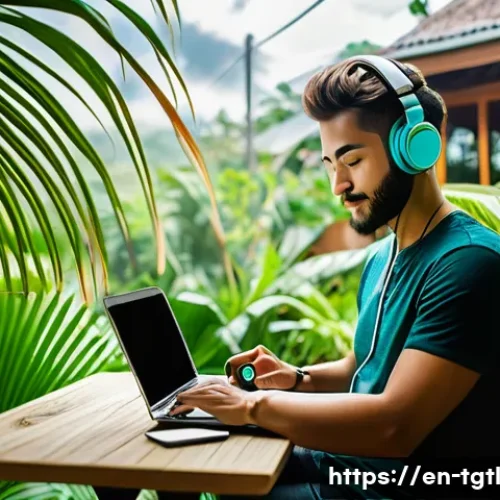 디지털 노마드의 기술 발전에 대한 적응 - A modern digital nomad workspace set outdoors at a vibrant tropical caf&eacute; in Bali, featuring a lightw...