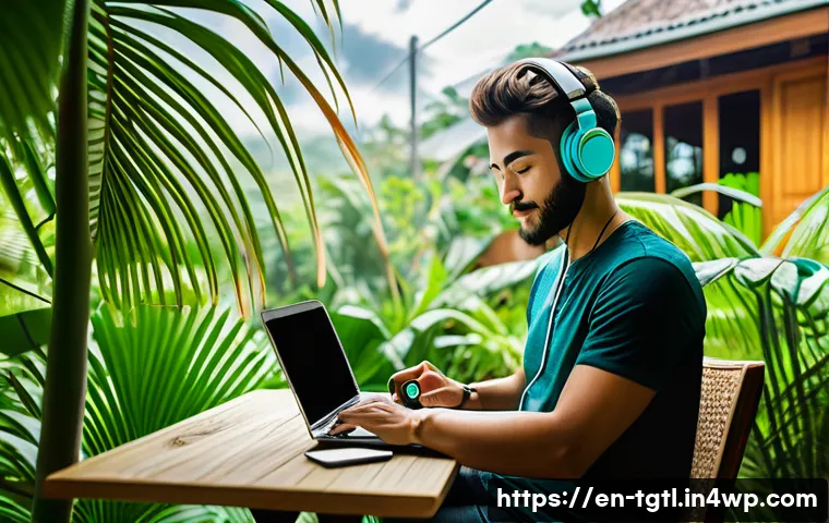 디지털 노마드의 기술 발전에 대한 적응 - A modern digital nomad workspace set outdoors at a vibrant tropical café in Bali, featuring a lightw...