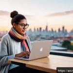 디지털 노마드의 개인 브랜드 구축 - A digital nomad woman working on a laptop at a minimalist, stylish co-working space overlooking a vi...