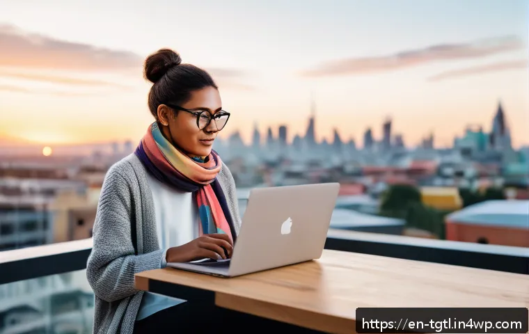 디지털 노마드의 개인 브랜드 구축 - A digital nomad woman working on a laptop at a minimalist, stylish co-working space overlooking a vi...