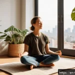 디지털 노마드의 멘탈 헬스 관리 - A serene morning scene in a cozy, sunlit apartment corner featuring a young digital nomad sitting cr...