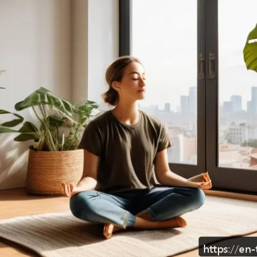 디지털 노마드의 멘탈 헬스 관리 - A serene morning scene in a cozy, sunlit apartment corner featuring a young digital nomad sitting cr...