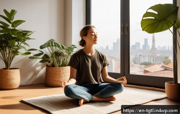 디지털 노마드의 멘탈 헬스 관리 - A serene morning scene in a cozy, sunlit apartment corner featuring a young digital nomad sitting cr...