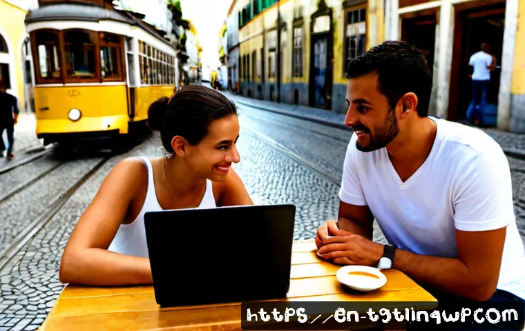Home 17 디지털 노마드의 여행 중 경험 공유 - Photorealistic digital nomad seated at a sunny outdoor café in Lisbon, casually sharing travel exper...