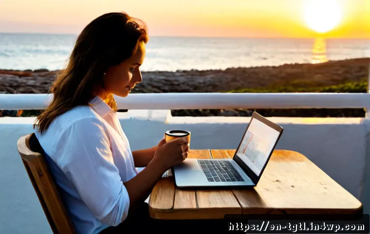 디지털 노마드의 자아 발견 여정 - Photorealistic digital nomad in their early thirties sitting alone at a quiet coastal café terrace, ...